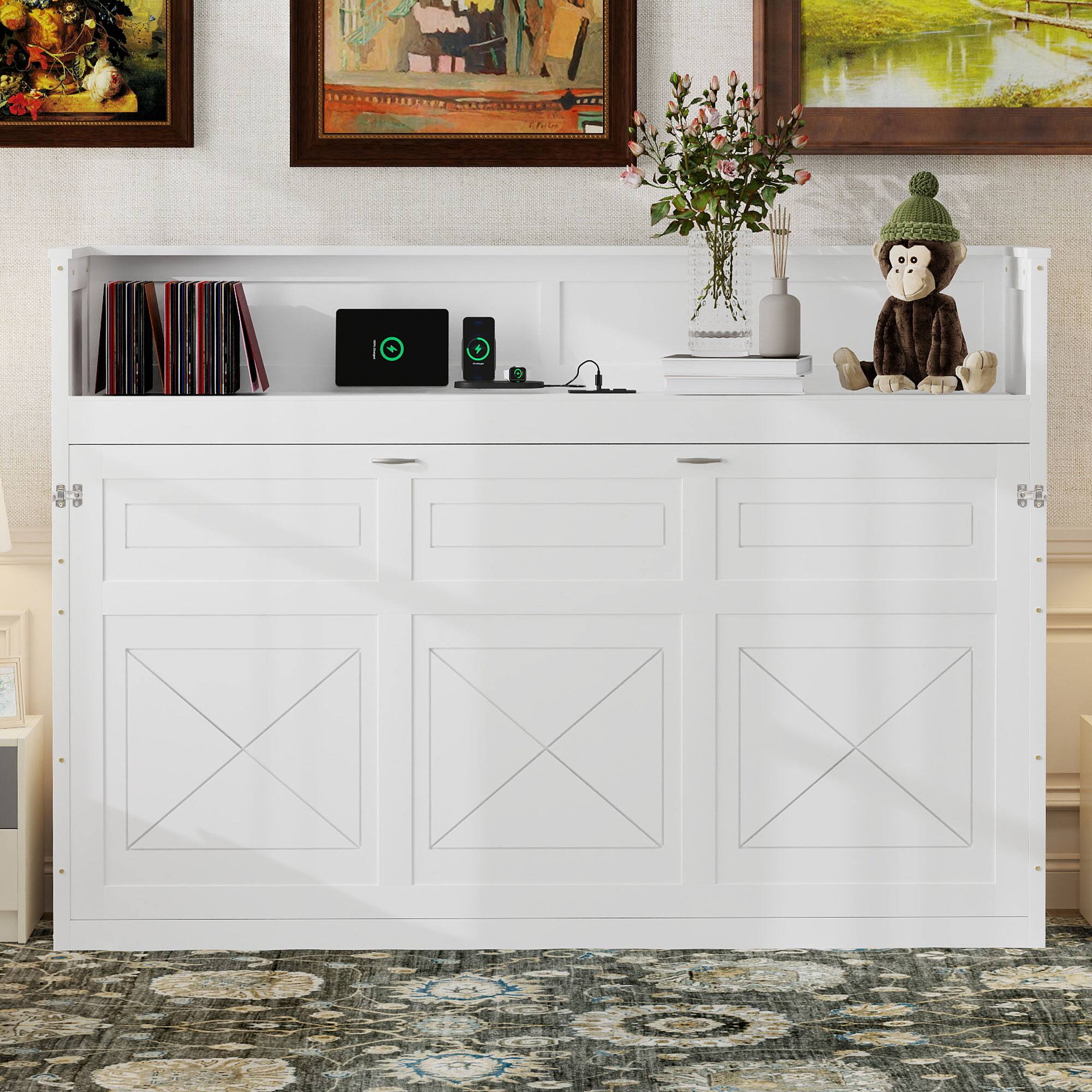 Back. Whisen - Twin XL Murphy Bed with Desk, LED Light, USB Charging Station, Space-Saving Wall Bed for Guest Room - White.