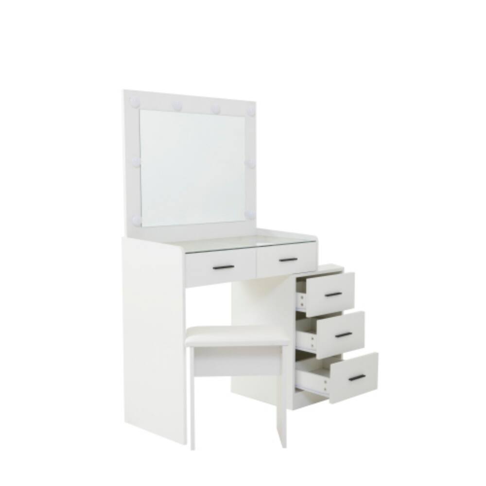 Alt View 2. LUCKY ONE - Dressing Table with 5 Drawers, LED Mirror and Stool for Small Bedroom - White.
