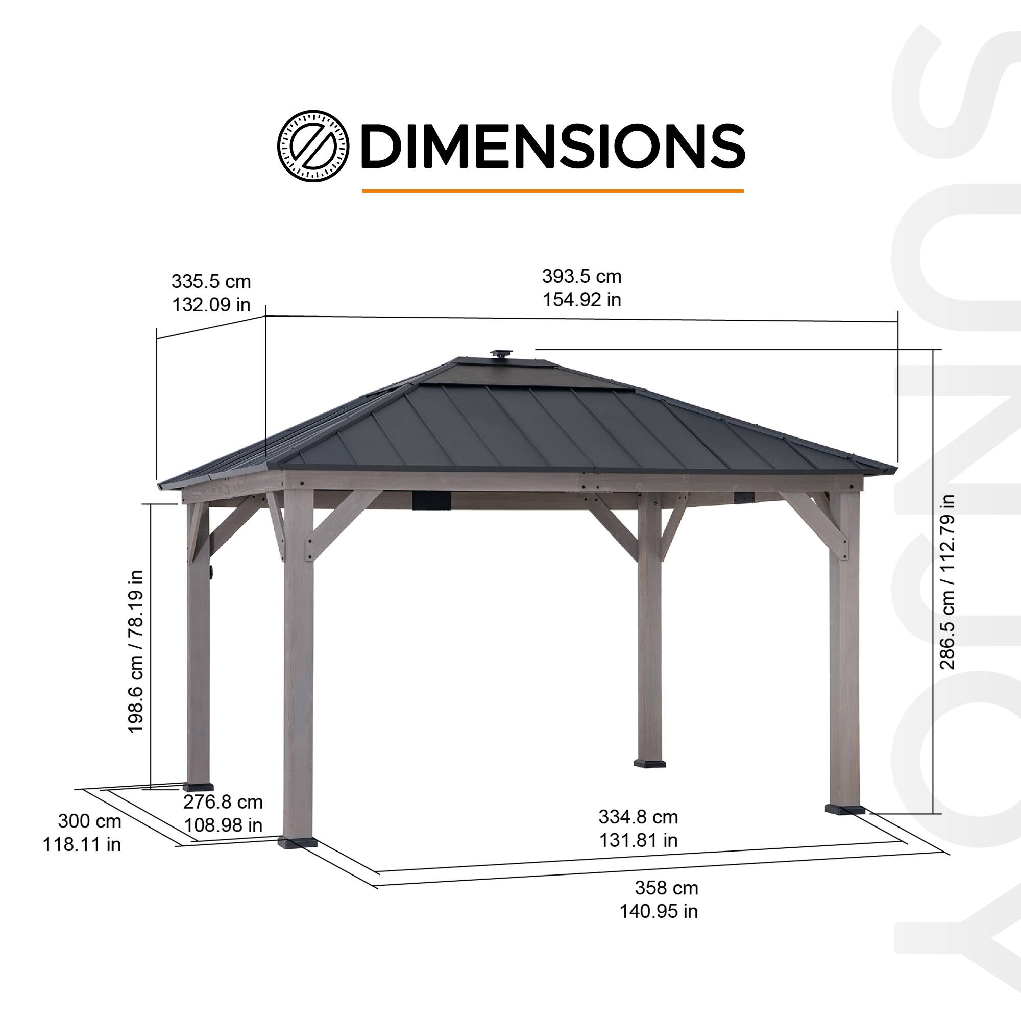 DIMENSIONS

- 335.5 cm / 132.09 in
- 393.5 cm / 154.92 in
- 198.6 cm / 78.19 in
- 300 cm / 118.11 in
- 276.8 cm / 108.98 in
- 334.8 cm / 131.81 in
- 358 cm / 140.95 in
- 286.5 cm / 112.79 in