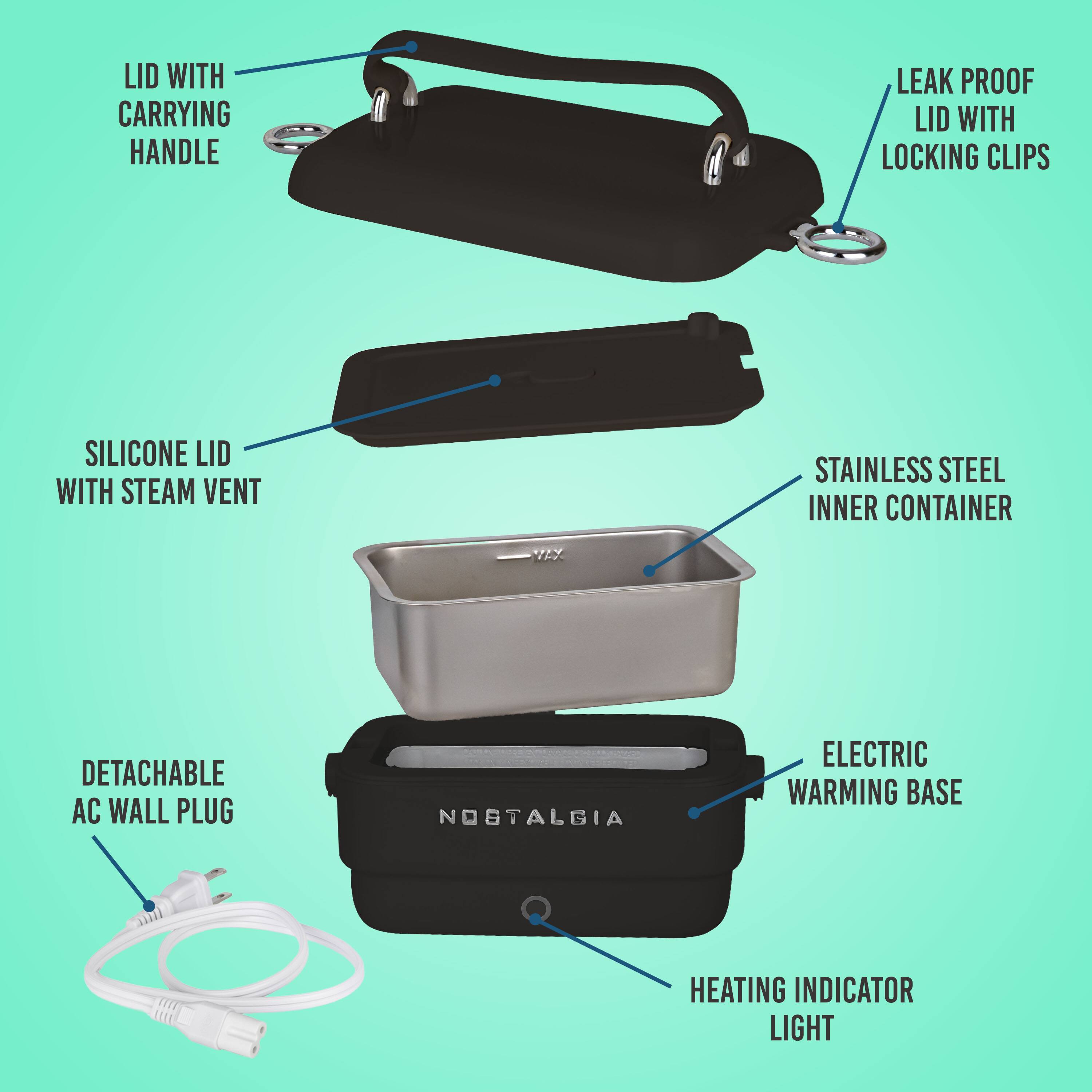 LID WITH CARRYING HANDLE  
LEAK PROOF LID WITH LOCKING CLIPS  
SILICONE LID WITH STEAM VENT  
STAINLESS STEEL INNER CONTAINER  
DETACHABLE AC WALL PLUG  
ELECTRIC WARMING BASE  
HEATING INDICATOR LIGHT