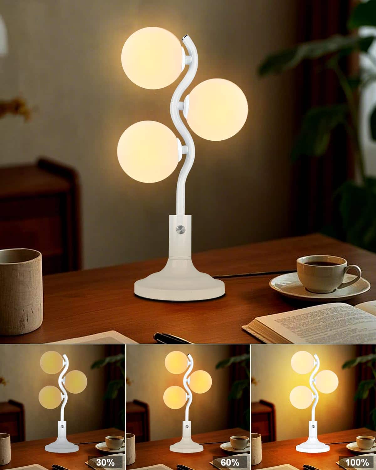 Comfort Essence - Mid Century Globe Table Lamp Dimmable Modern 3 Lights Desk 3000k WarmBedside For Bedroom Living Room Study - S-White