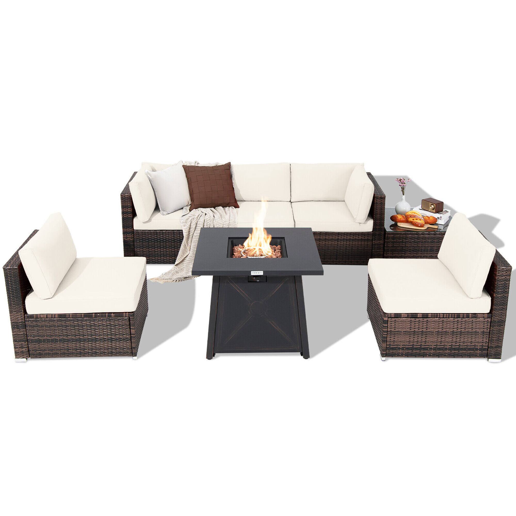 Alt View 1. Gymax - Gymax 7PCS Rattan Patio Sectional Furniture Set w/ 30'' Fire Pit Table & Off White Cushion - Off White.