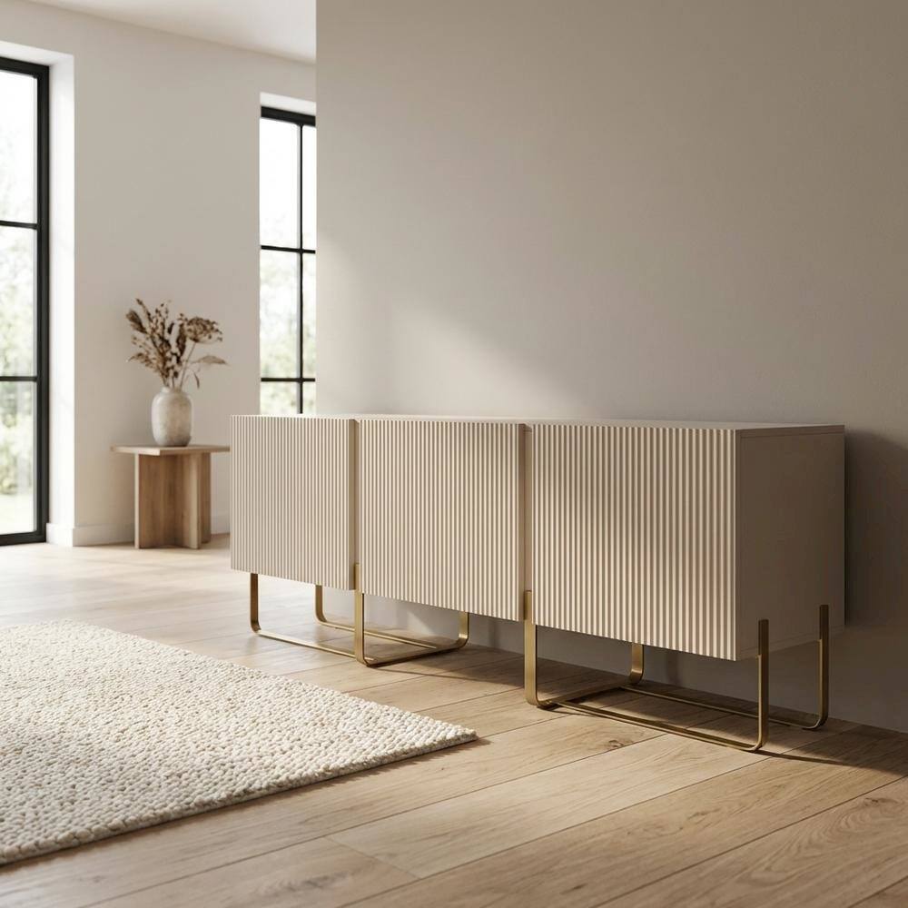 Alt View 2. Starlight Canyon Home - Beige Modern Wood TV Stand with 3 Cabinets for Living Room Storage - Black.