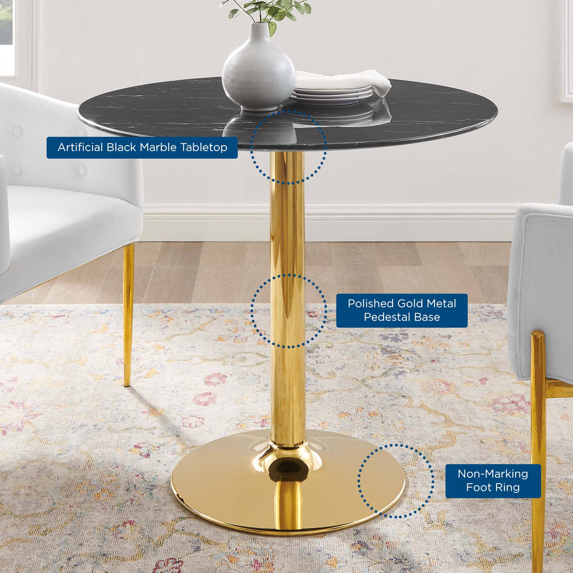 Artificial Black Marble Tabletop  
Polished Gold Metal Pedestal Base  
Non-Marking Foot Ring