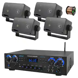 Pyle - PDA77BU 4-Channel Bluetooth MP3/SD/RCA/AUX FM Radio Home Receiver, 4x 3.5" 200 Watt Indoor/Outdoor Speakers w/Wire