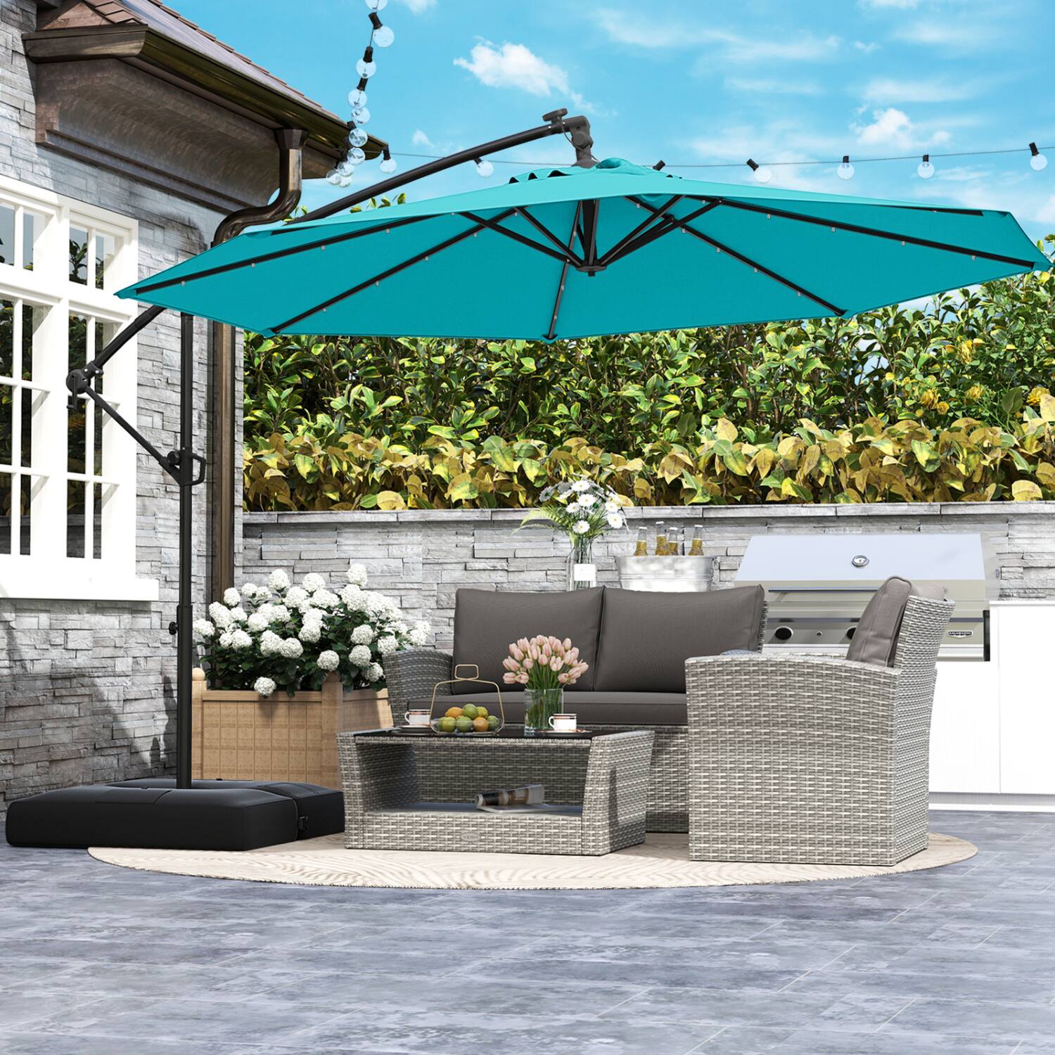 Left. Mondawe - 10 FT Solar Offset Hanging Umbrella with Base and 32 LED Lights - Turquoise.