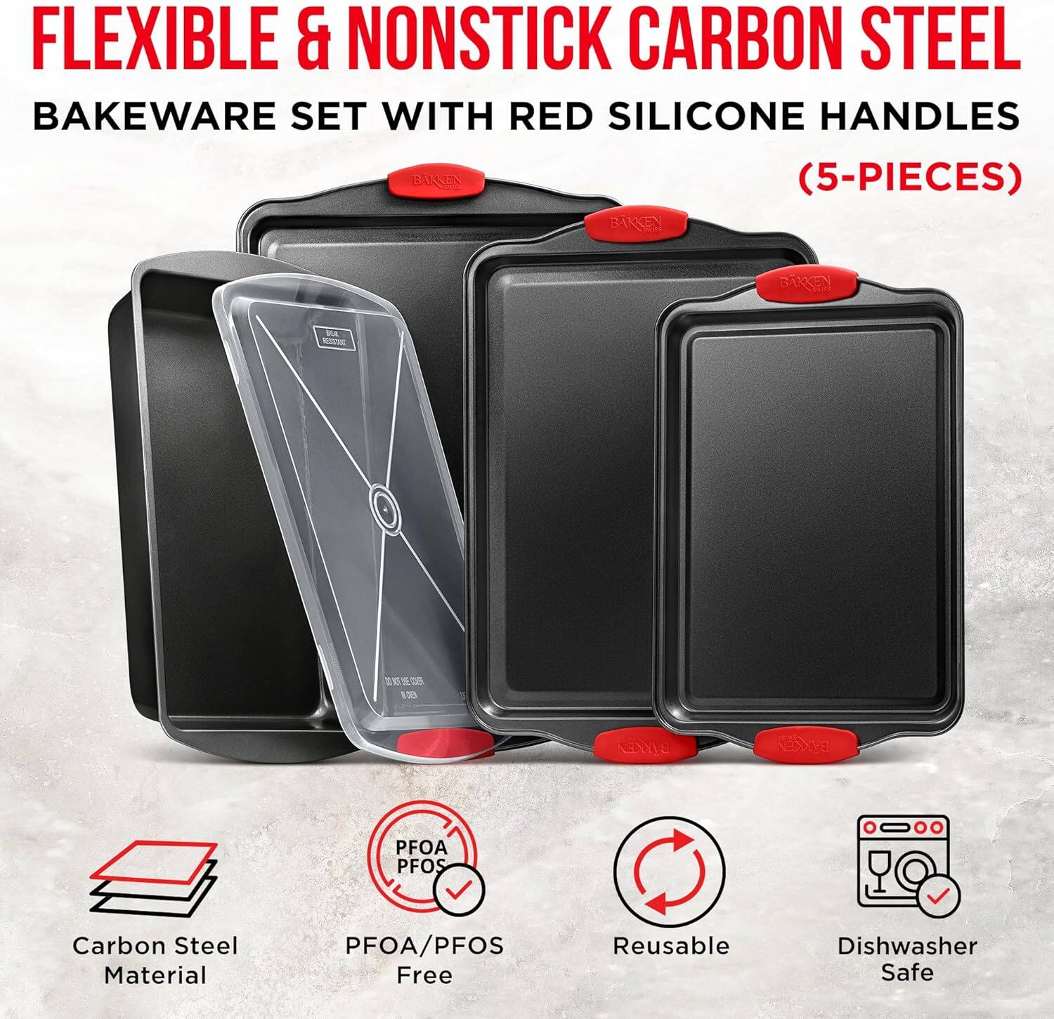 FLEXIBLE & NONSTICK CARBON STEEL BAKEWARE SET WITH RED SILICONE HANDLES (5-PIECES) Carbon Steel Material PFOA/PFOS Free Reusable Dishwasher Safe