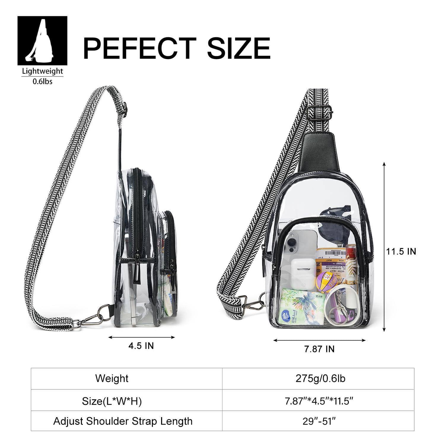 **PEFECT SIZE**

- Lightweight 0.6lbs
- Weight: 275g/0.6lb
- Size (L*W*H): 7.87" * 4.5" * 11.5"
- Adjust Shoulder Strap Length: 29" - 51"