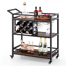 Ecooso - 3-Tier Bar Cart on Wheels Kitchen Serving Cart with Wine Rack and Glass Holder - Rustic brown