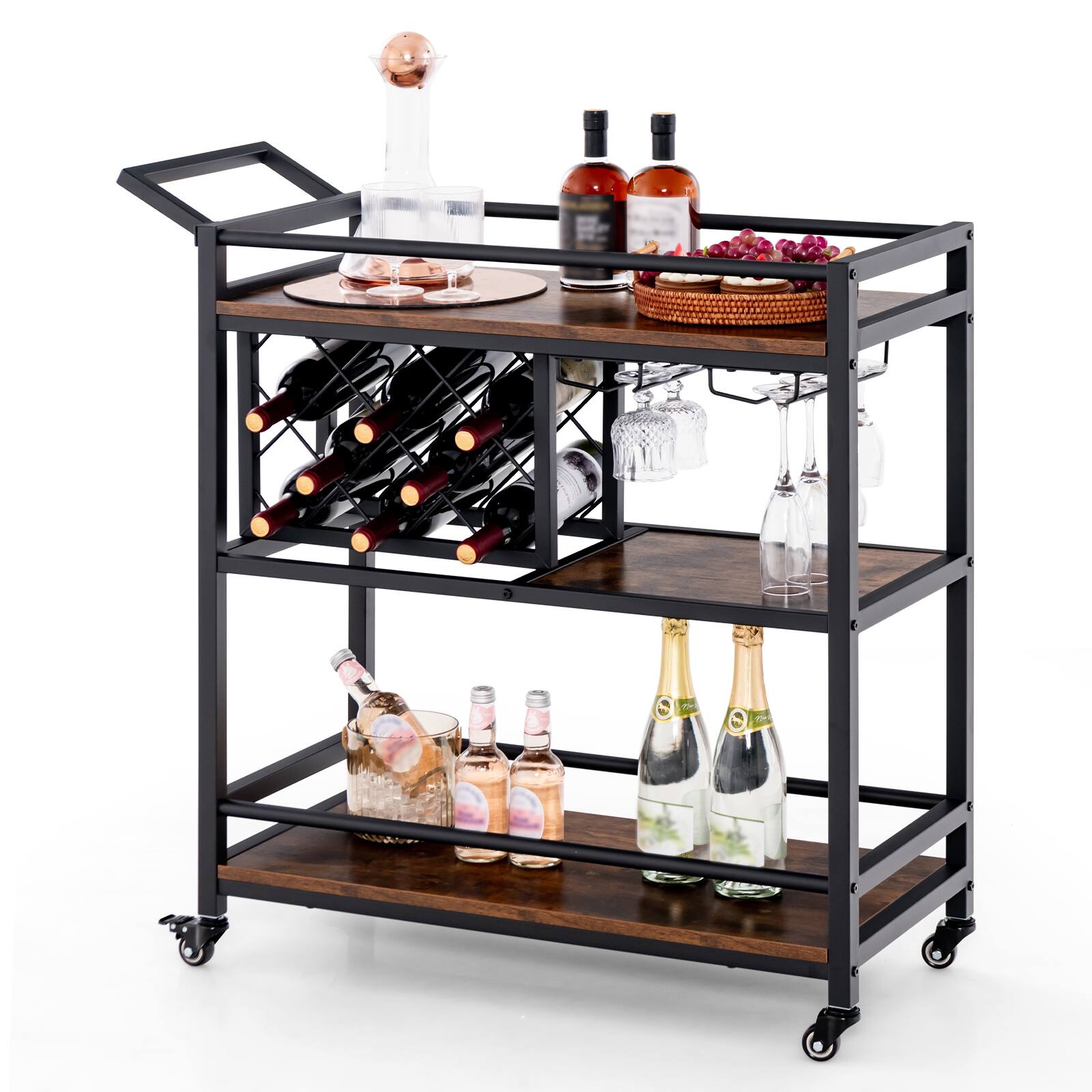 Front. Ecooso - 3-Tier Bar Cart on Wheels Kitchen Serving Cart with Wine Rack and Glass Holder - Rustic brown.