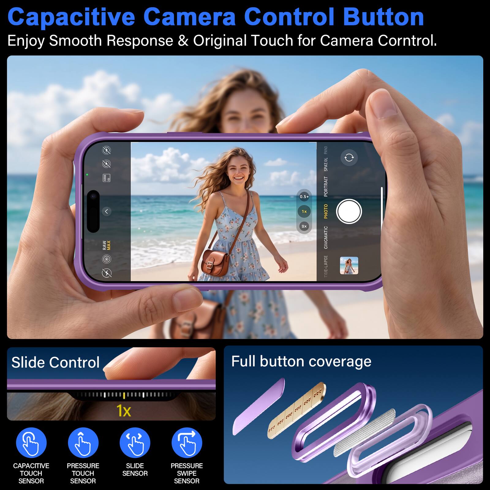 Capacitive Camera Control Button  
Enjoy Smooth Response & Original Touch for Camera Control.

KEEP RAW  
MAX  
0.5+ 1x 3x  
DAIRS SPATOL PORTRAIT PHOTO GINGMATIC DUE-LAPCE

Slide Control  
Full button coverage  
1x

CAPACITIVE PRESSURE TOUCH TOUCH SENSOR SENSOR  
SLIDE SENSOR  
PRESSURE SWIPE SENSOR