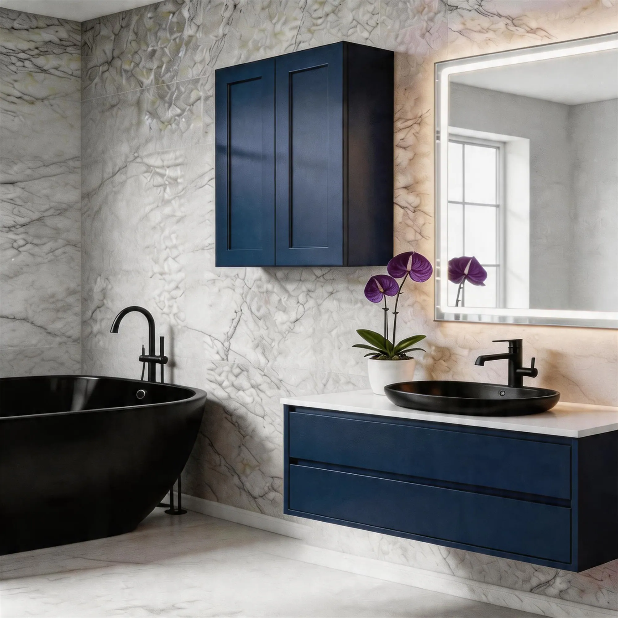 Alt View 5. Boyel Living - Navy Blue Shaker Wall Cabinet 24-in L x 12-in W x 30-in H with Soft Close, Adjustable Shelves for Kitchen Bathroom Laund - Navy Blue.