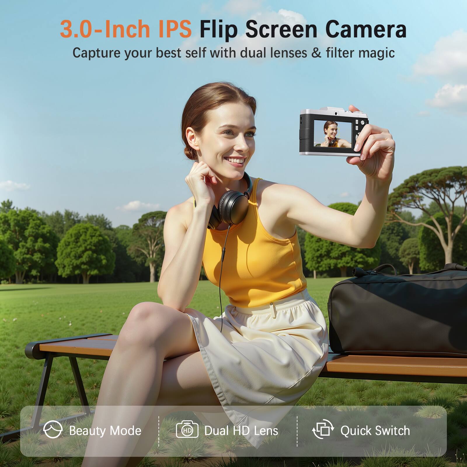 3.0-Inch IPS Flip Screen Camera  
Capture your best self with dual lenses & filter magic  

Beauty Mode  
Dual HD Lens  
Quick Switch