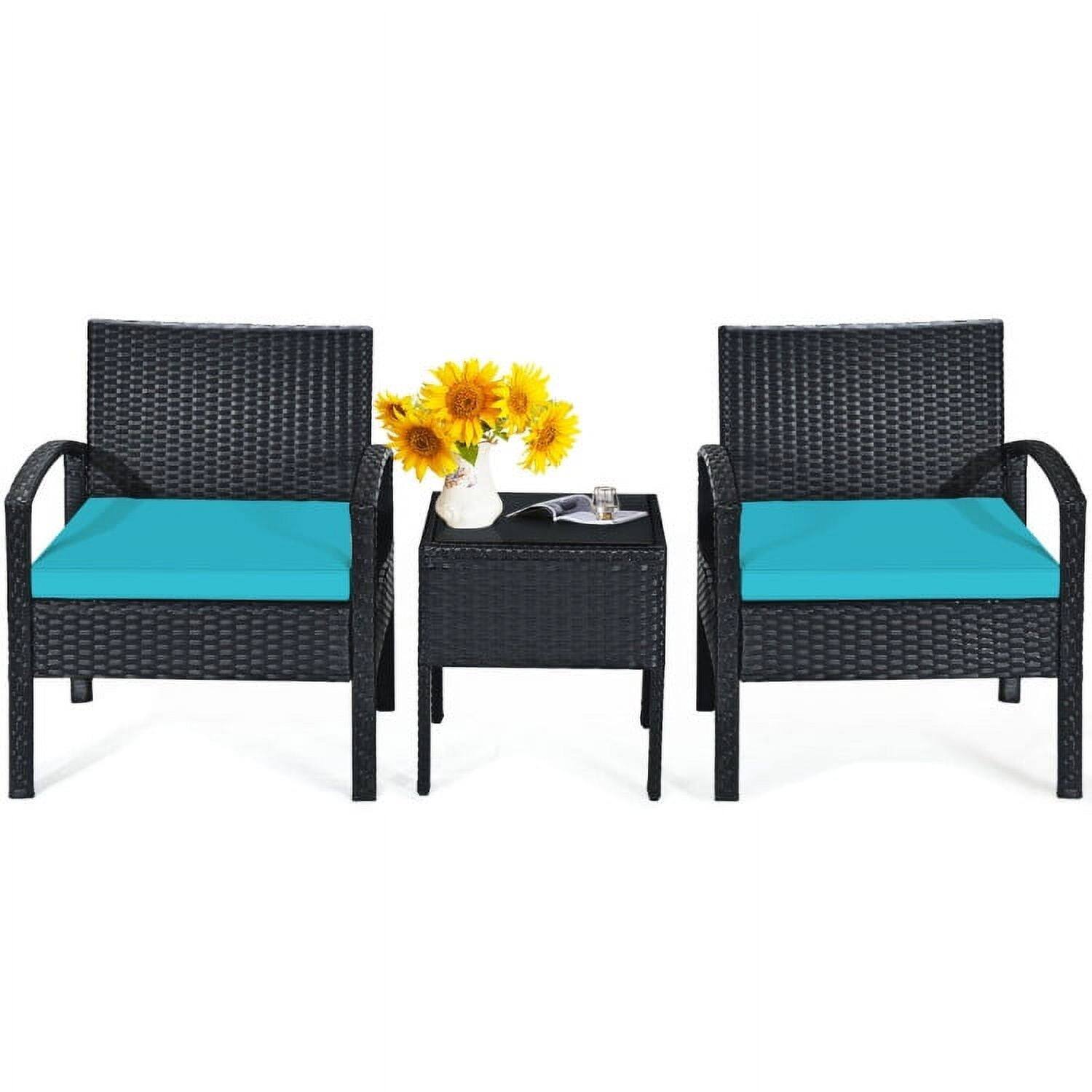 Left. Kadyn - 3 Pc Patio Conversation Bistro Set with Seat Cushions-Turquoise Outdoor Rattan Patio Conversation Set with Side Table... - Blue.