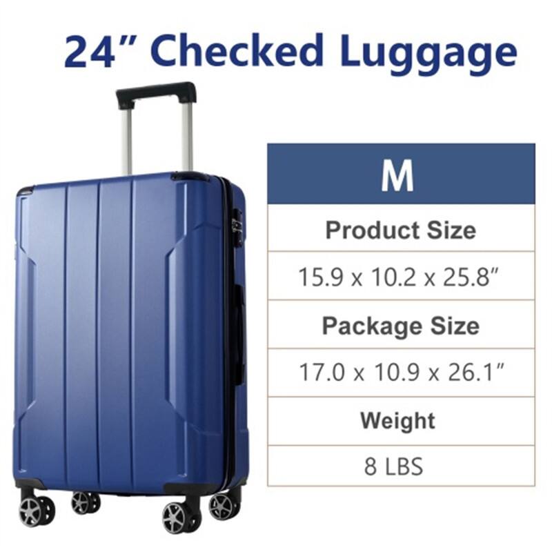 24" Checked Luggage  
M  
Product Size: 15.9 x 10.2 x 25.8"  
Package Size: 17.0 x 10.9 x 26.1"  
Weight: 8 LBS