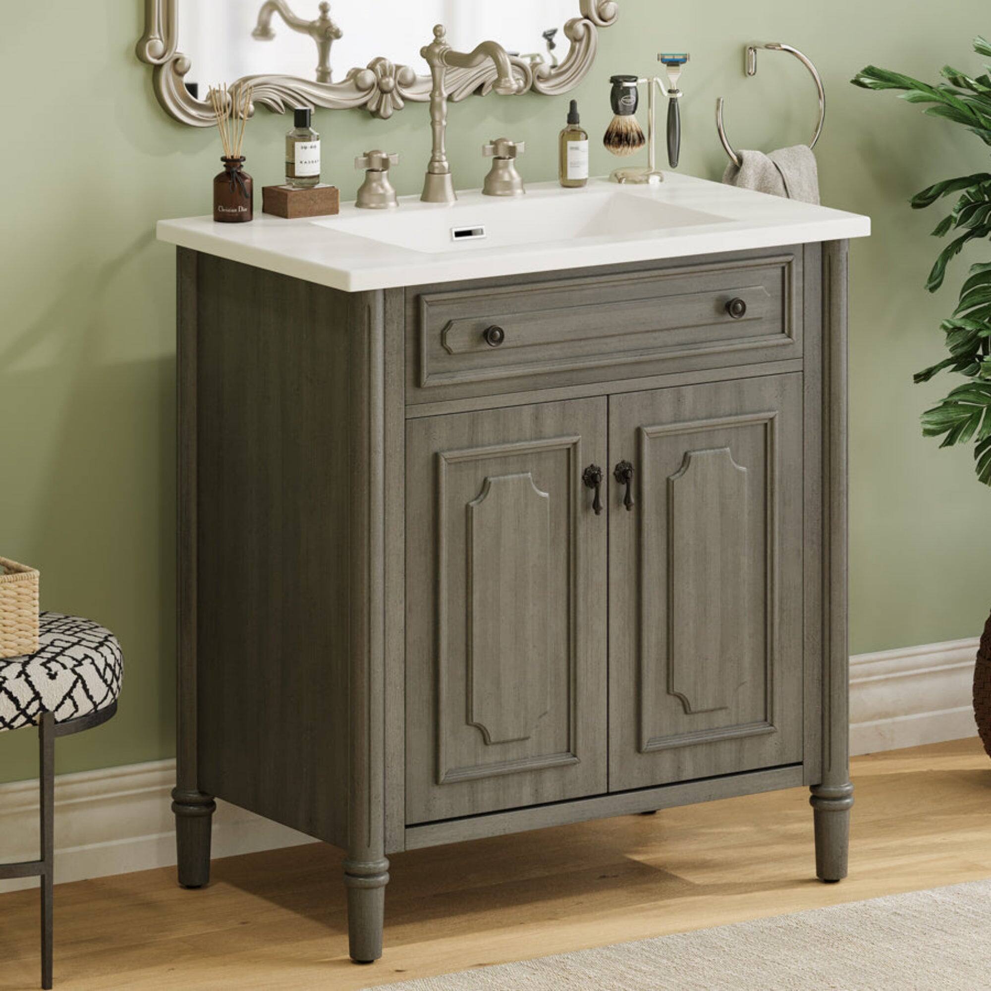 Angle. Boyel Living - 31 Inch Vintage Bathroom Vanity with Sink Rustic Cabinet Soft Close Doors Adjustable Shelf Gray - Gray.