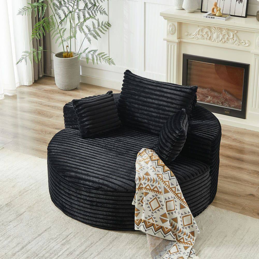 Left. Kadyn - 55"L Corduroy Swivel Chair, Fluffy Modern Sleeper with 360-Degree Rotation for Living Room, Black - Black.