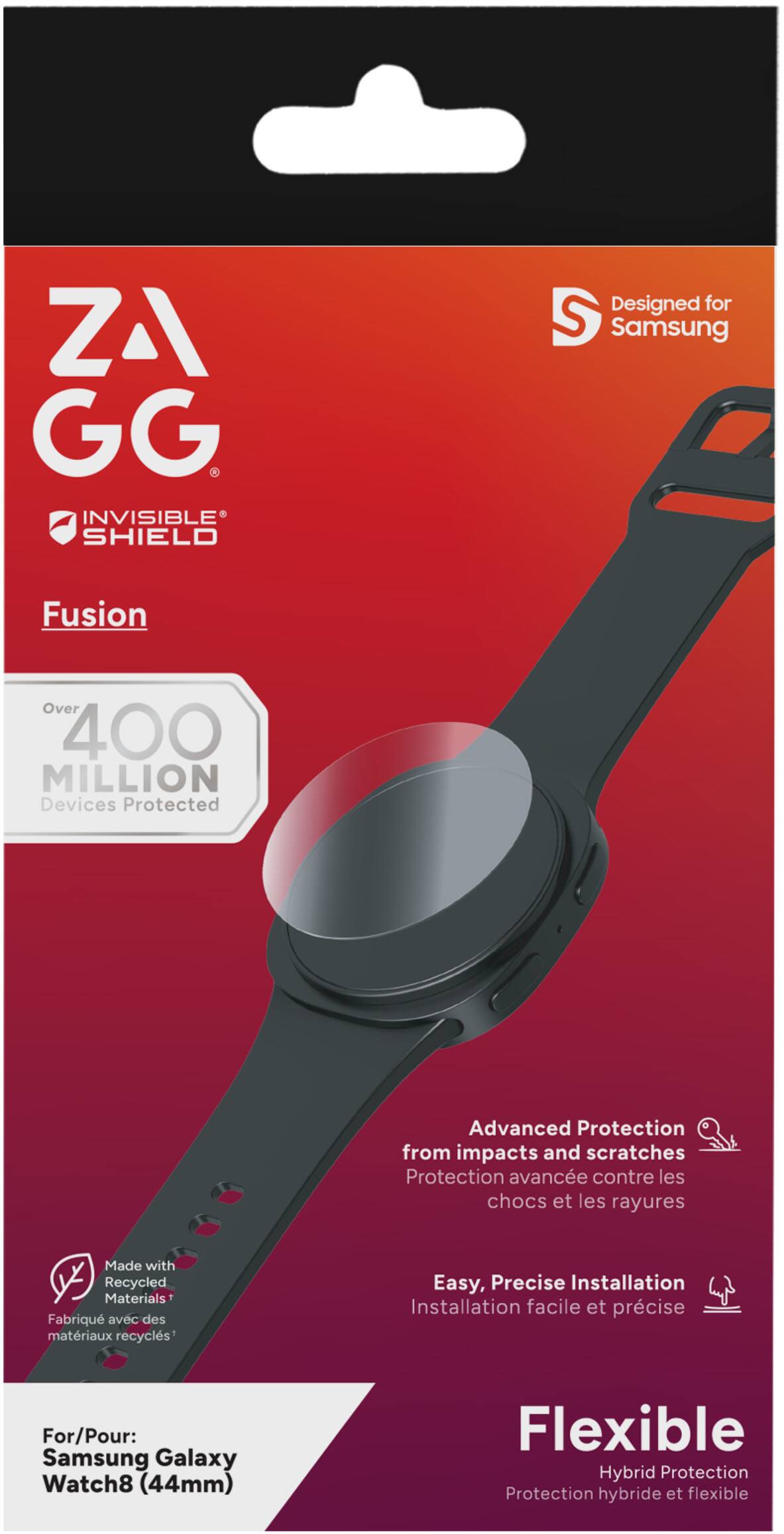 **ZA GG INVISIBLE SHIELD**  
Designed for Samsung  
Fusion  

Over 400 MILLION Devices Protected  

Advanced Protection from impacts and scratches  
Protection avancée contre les chocs et les rayures  

Made with Recycled Materials  
Fabriqué avec des matériaux recyclés  

Easy, Precise Installation  
Installation facile et précise  

For/Pour: Samsung Galaxy Watch8 (44mm)  

Flexible Hybrid Protection  
Protection hybride et flexible
