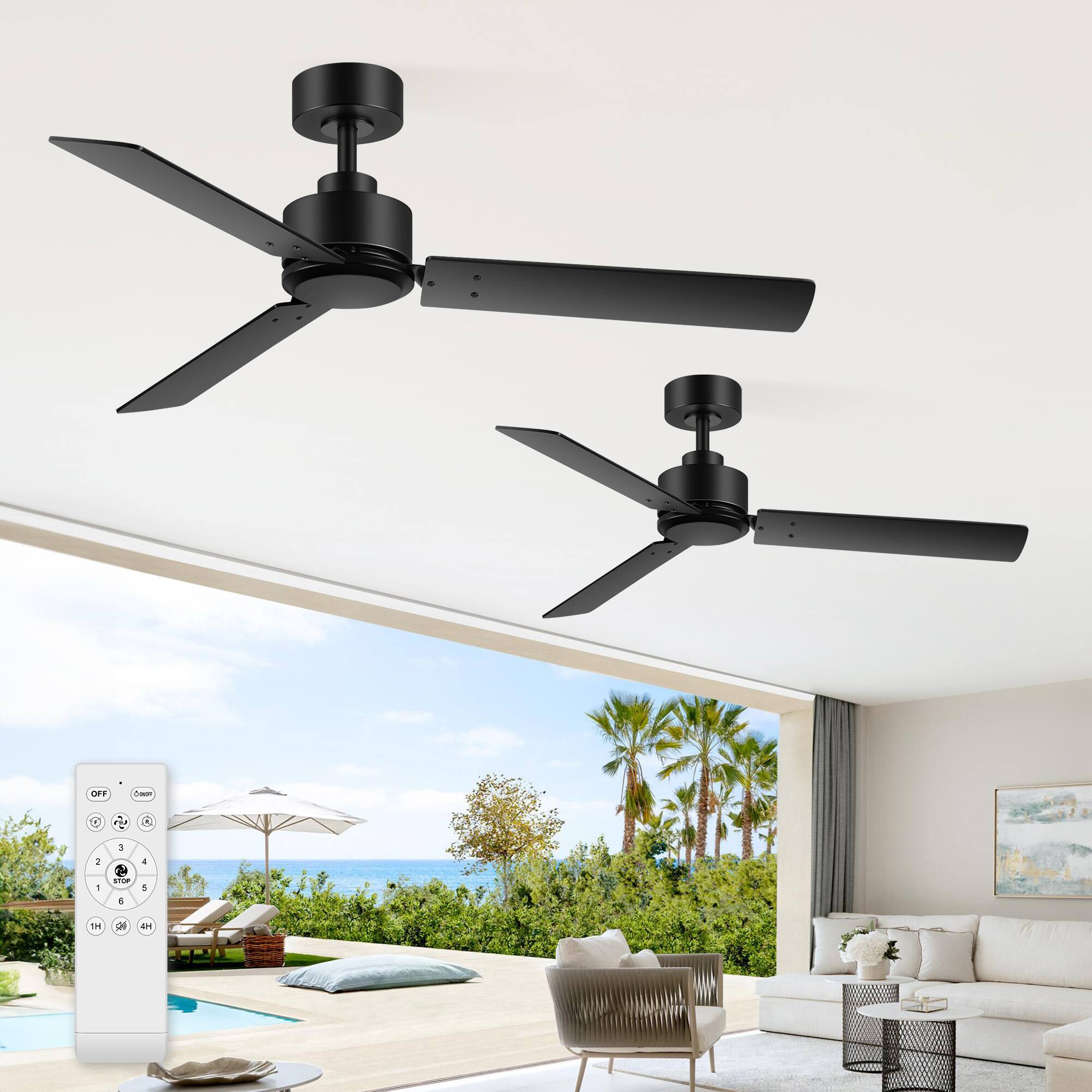 Left. Breezary - 48-Inch Indoor Ceiling Fan with 3 Plywood Blades, DC Motor, 6-Speed Remote, 5'' Downrod,  Light/No Light, 1 or 2-Pack - Black-2 Pack (Without Light).