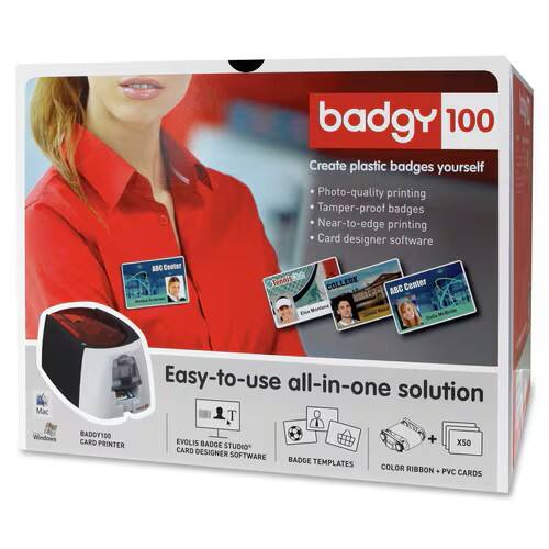 badgy 100  
Create plastic badges yourself  
- Photo-quality printing  
- Tamper-proof badges  
- Near-to-edge printing  
- Card designer software  

Easy-to-use all-in-one solution  

badgy 100 + CARD PRINTER  
EVOLIS BADGE STUDIO  
X50 CARD DESIGNER SOFTWARE  
BADGE TEMPLATES  
COLOR RIBBON - PVC CARDS  

AC Center  
Tennis  
COLLEGE  
ABC Center  

Mac Windows  

EVOLIS BADGE STUDIO  
X50 CARD DESIGNER SOFTWARE  
BADGE TEMPLATES  
COLOR RIBBON - PVC CARDS  

badgy 100  
Create plastic badges yourself  
- Photo-quality printing  
- Tamper-proof badges  
- Near-to-edge printing  
- Card designer software  

Easy-to-use all-in-one solution  

badgy 100 + CARD PRINTER  
EVOLIS BADGE STUDIO  
X50 CARD DESIGNER SOFTWARE  
BADGE TEMPLATES  
COLOR RIBBON - PVC CARDS  

AC Center  
Tennis  
COLLEGE  
ABC Center  

Mac Windows