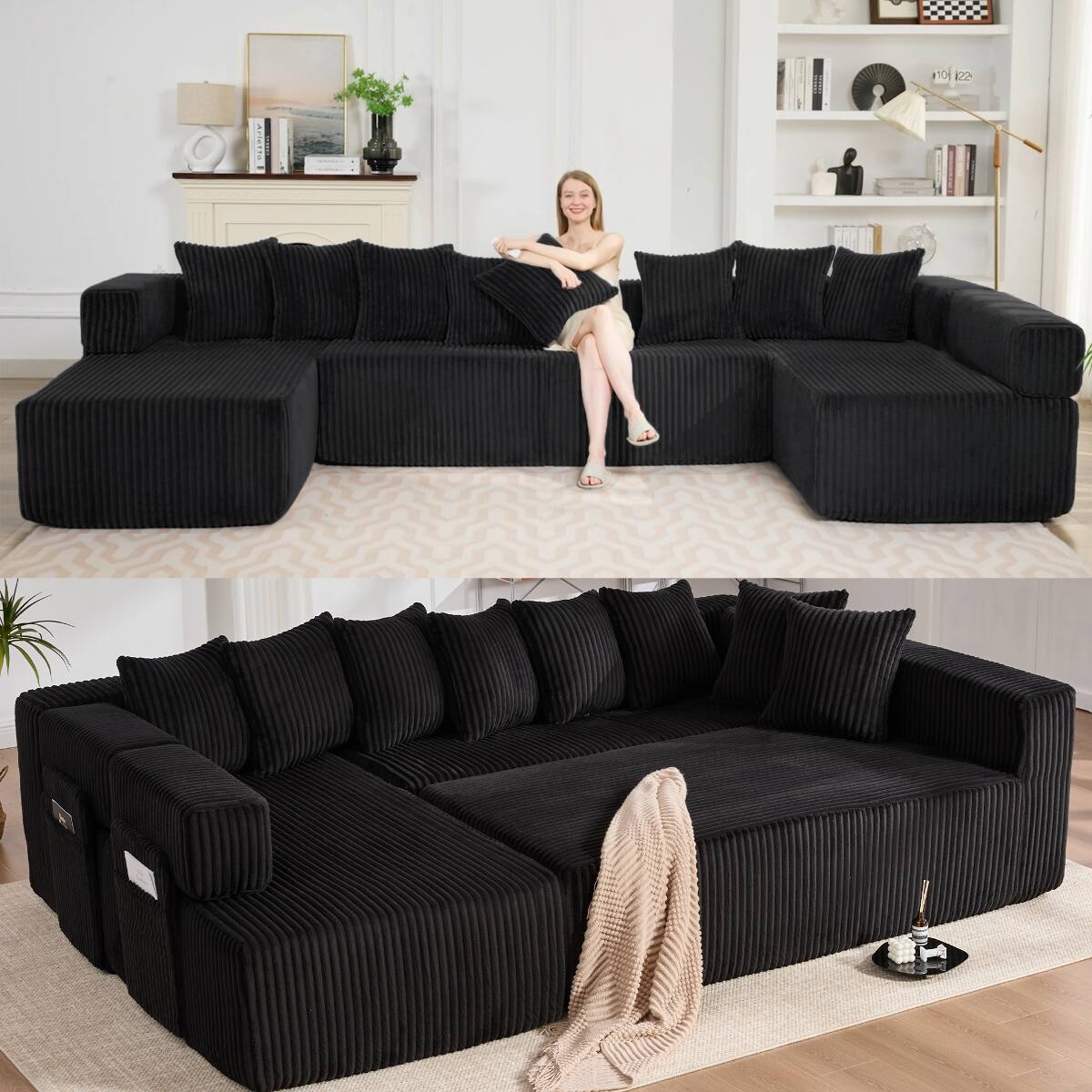 Front. Ropilly - Ropilly 146 Inch U Shaped Sectional Sofa, Modular Convertible Sleeper Couch, Oversized Black Corduroy 5 Seat Sectional - Black.