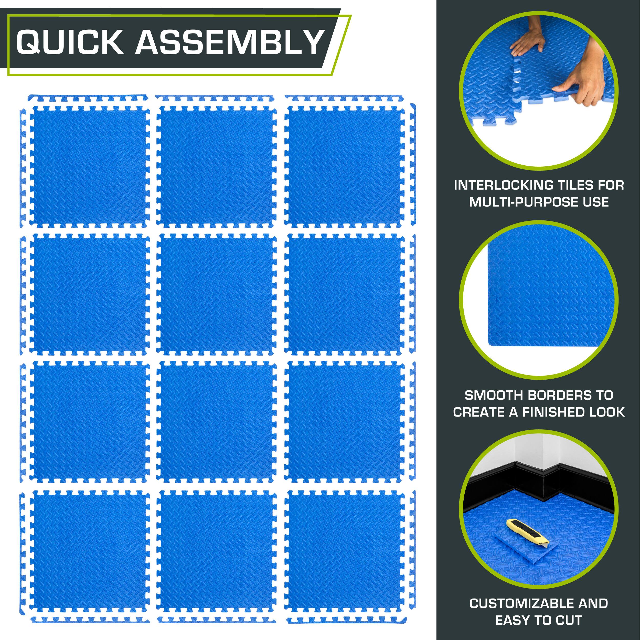 Quick Assembly Interlocking Tiles for Multi-Purpose Use. Smooth Borders to Create a Finished Look. Customizable and Easy to Cut.