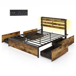 Gymax - Queen Size Bed Frame w/ Drawers LED Lights Outlets & USB Ports Smart APP Control - Rustic Brown