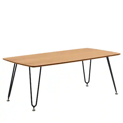 Front. LeisureMod - Elmwood Minimalist Mid-Century Rectangular MDF Coffee Table with Black Iron Frame for Home Living Room - Natural.