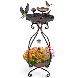 Gymax - Solar Outdoor Bird Bath & Feeder Combo w/ Flower Planter Pedestal & Solar Lights - Antique Bronze