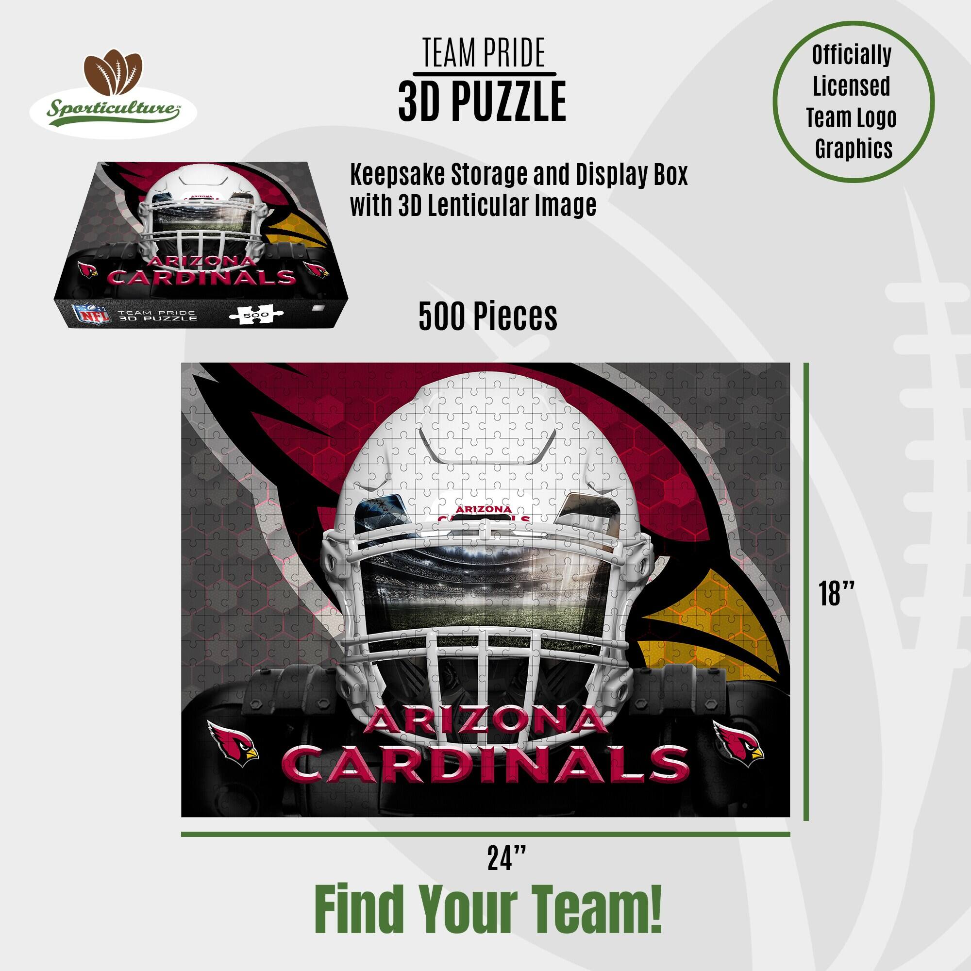 Sporticulture; TEAM PRIDE 3D PUZZLE Keepsake Storage and Display Box with 3D Lenticular Image Officially Licensed Team Logo Graphics ARIZONA CARDINALS 500 Pieces ARIZONA 18" ARIZONA CARDINALS 24" Find Your Team!