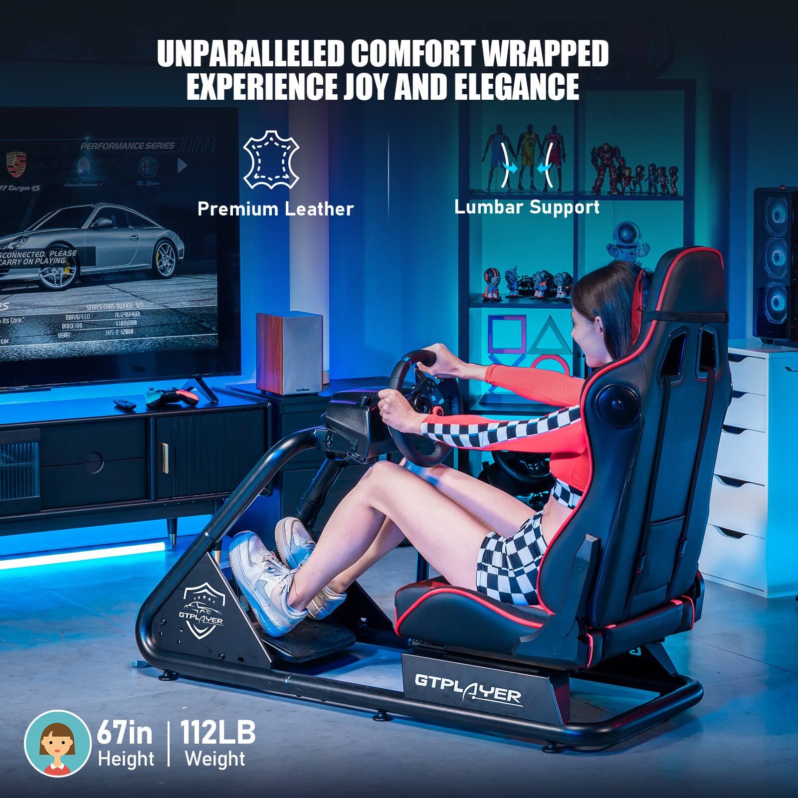 The text on the image is grouped and corrected as follows:

"Unparalleled Comfort Wrapped Experience Joy and Elegance Performance Series J000 - Premium Leather Lumbar Support Connected Please Carry No Plating - Core L Vers Den SunU 5 nt m 112LB Height Weight GTPLAYER GTPL 1YER."