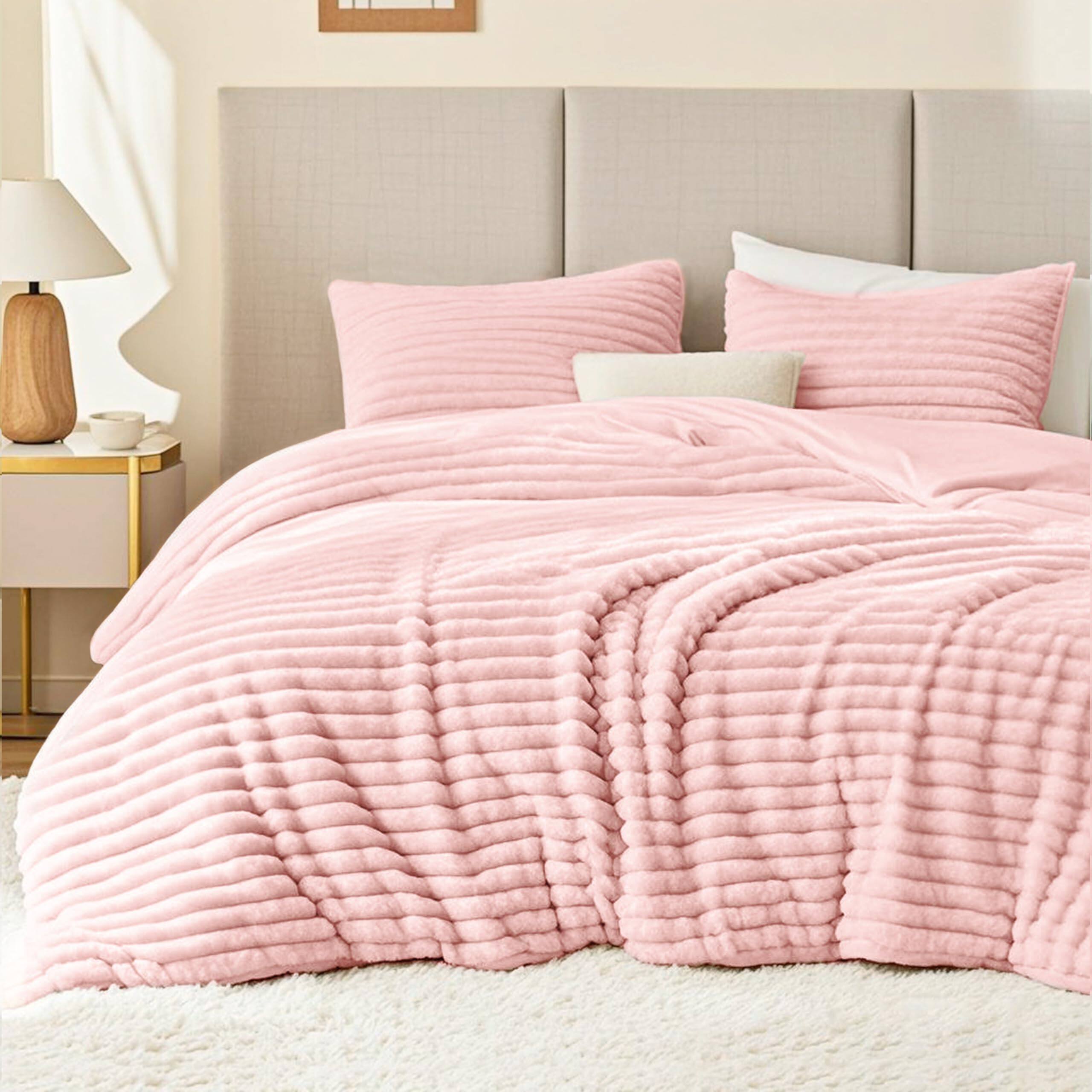 PARKER SLATER - Fluffy Comforter Set Size - Super Soft Faux Stripe Jacquard 1 Pieces Pink Fleece Bedding Winter Warm Bed With - 04 Pink-2 Piece-Twin (68"X88")