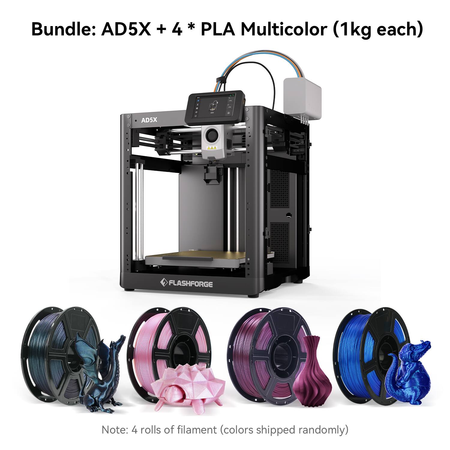 Bundle: AD5X + 4 * PLA Multicolor (1kg each)

Note: 4 rolls of filament (colors shipped randomly)