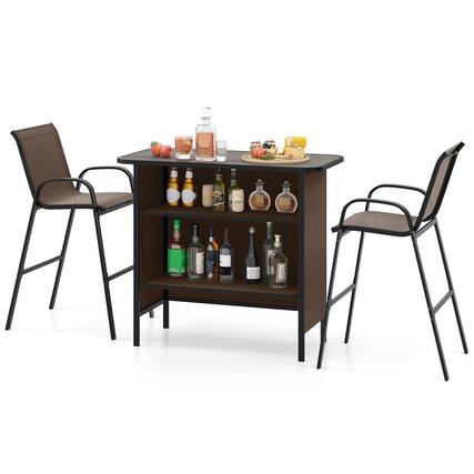 Front. Costway - Costway 3 PCS Outdoor Bar Set Bar Height Table & Armchairs with Footrest 2-Tier Shelf - Brown.
