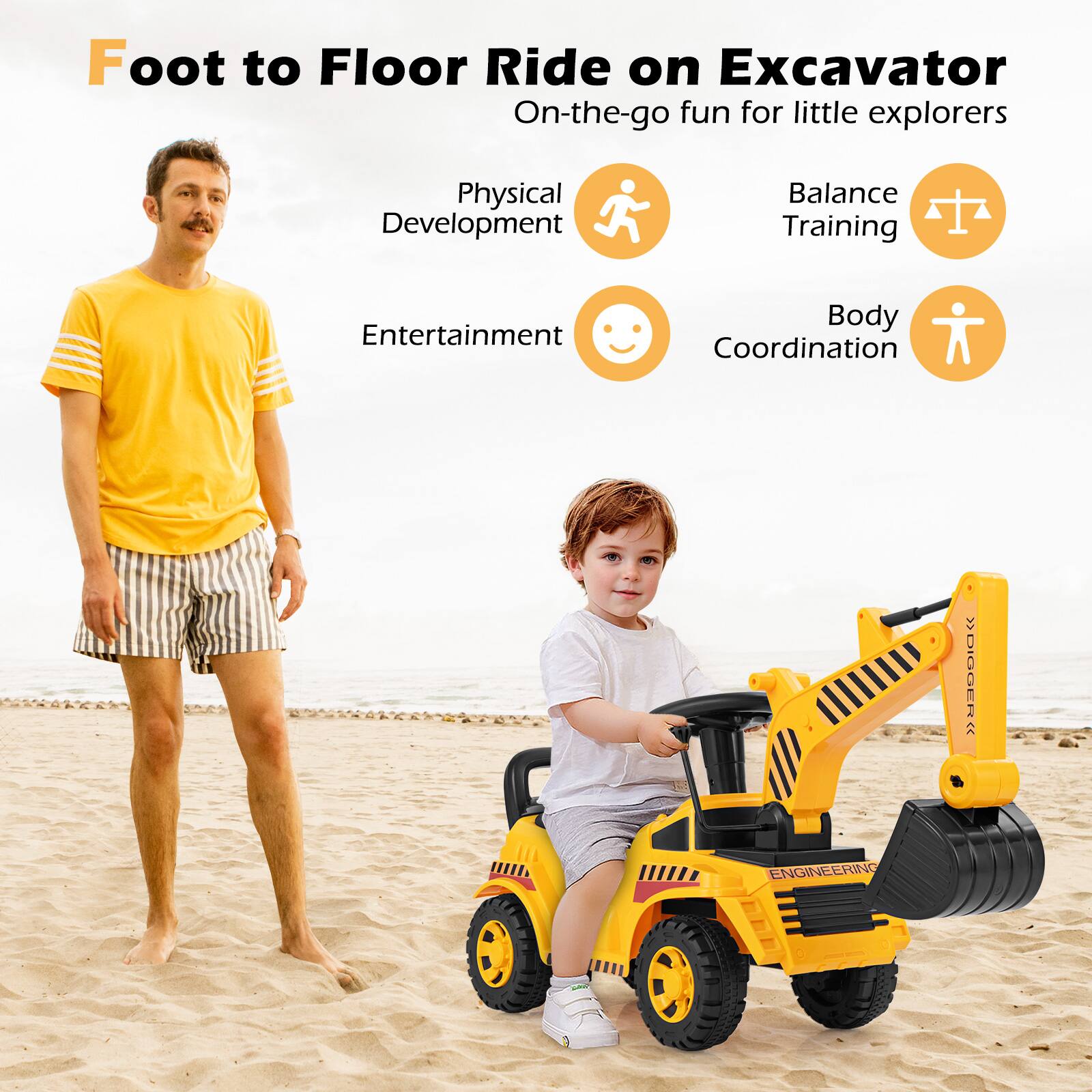 Foot to Floor Ride on Excavator  
On-the-go fun for little explorers  

- Physical Development  
- Balance Training  
- Entertainment  
- Body Coordination  

DIGGER ENGINEERING