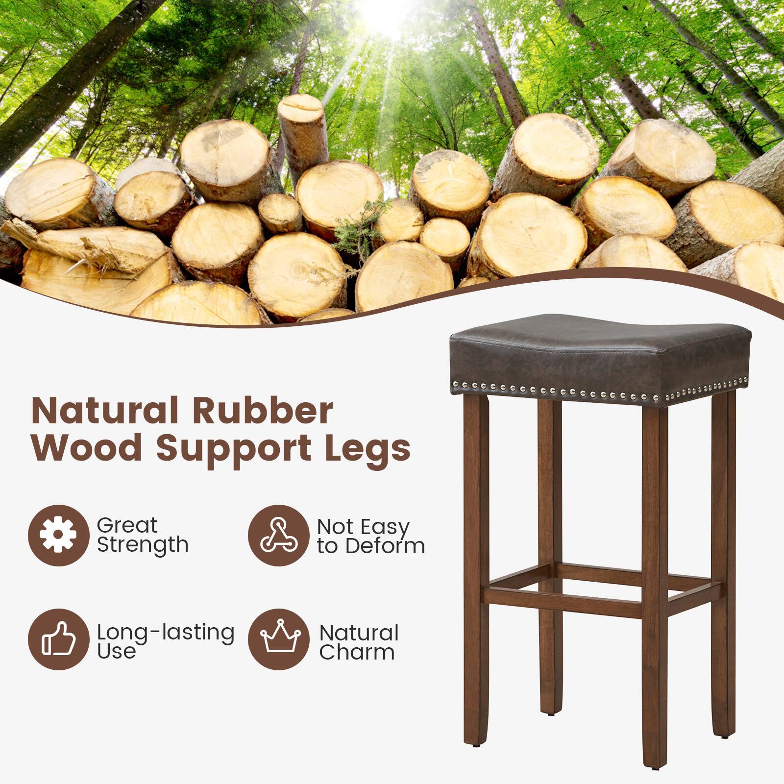The text on the image reads: "Natural Rubber Wood Support Legs. Great Strength. Not Easy to Deform. Long-lasting Use. Natural Charm."