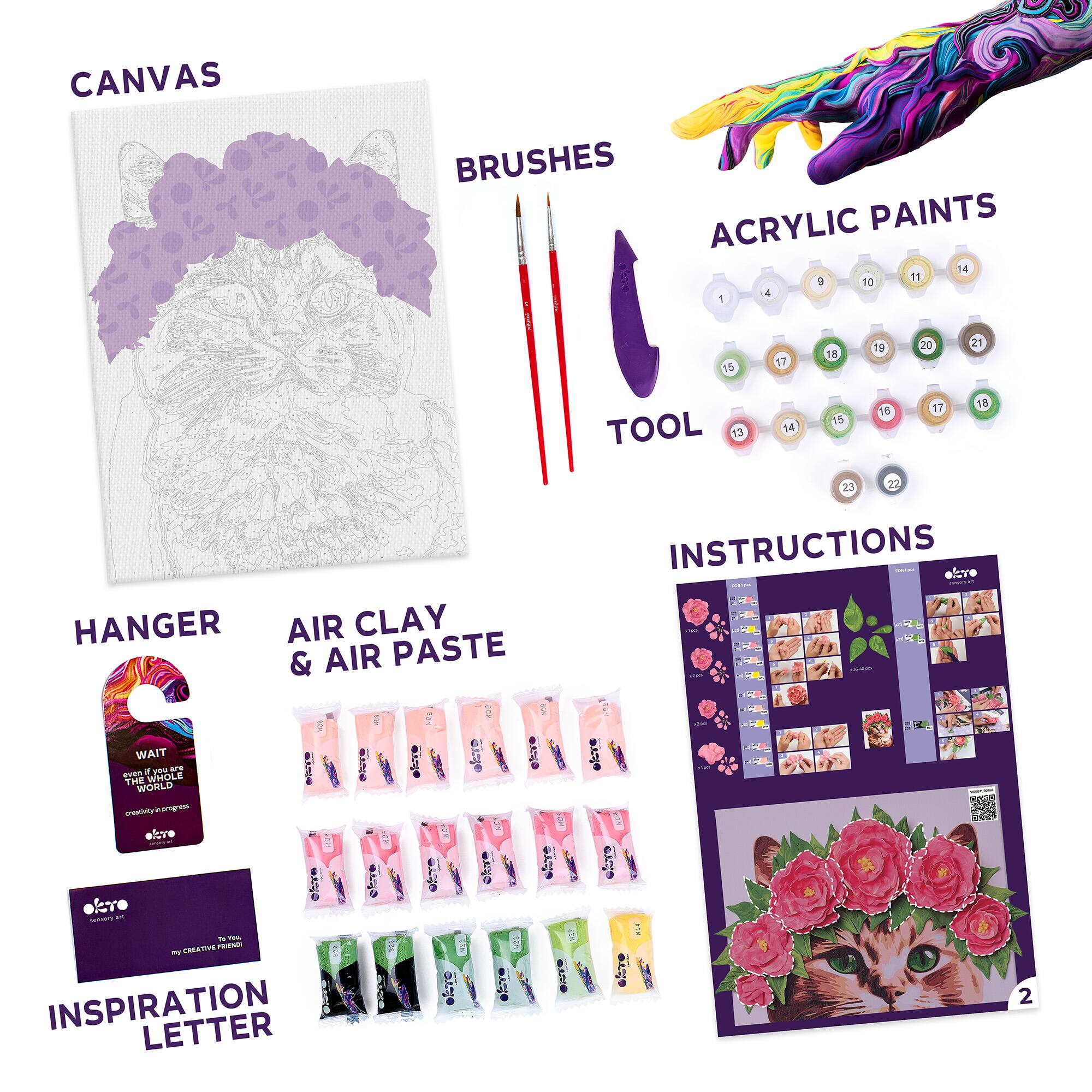 CANVAS  
BRUSHES  
ACRYLIC PAINTS  
TOOL  
HANGER  
AIR CLAY & AIR PASTE  
INSTRUCTIONS  
INSPIRATION LETTER