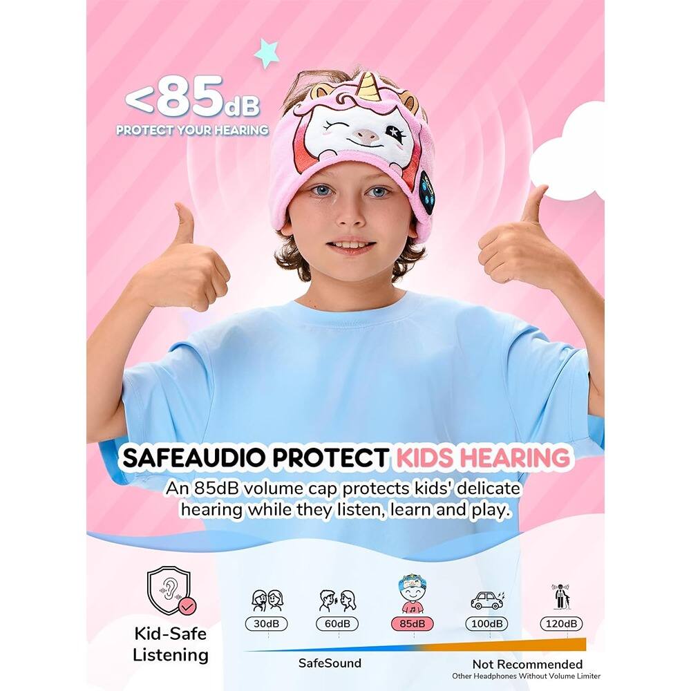 Sure, here is the corrected and grouped text from the image:

---

**<85dB**  
PROTECT YOUR HEARING

**SAFEAUDIO PROTECT KIDS HEARING**  
An 85dB volume cap protects kids' delicate hearing while they listen, learn and play.

**Kid-Safe Listening**  
30dB  
60dB  
SafeSound  
85dB  
100dB  
120dB  
Not Recommended  
Other Headphones Without Volume Limiter

---

This text emphasizes the importance of protecting children's hearing with a volume cap of 85dB, ensuring safe listening levels.