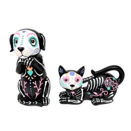 Things2Die4 - Day of the Dead Cat and Dog Figurine Set 2 Glossy Resin Skeleton Statues - Multicolor