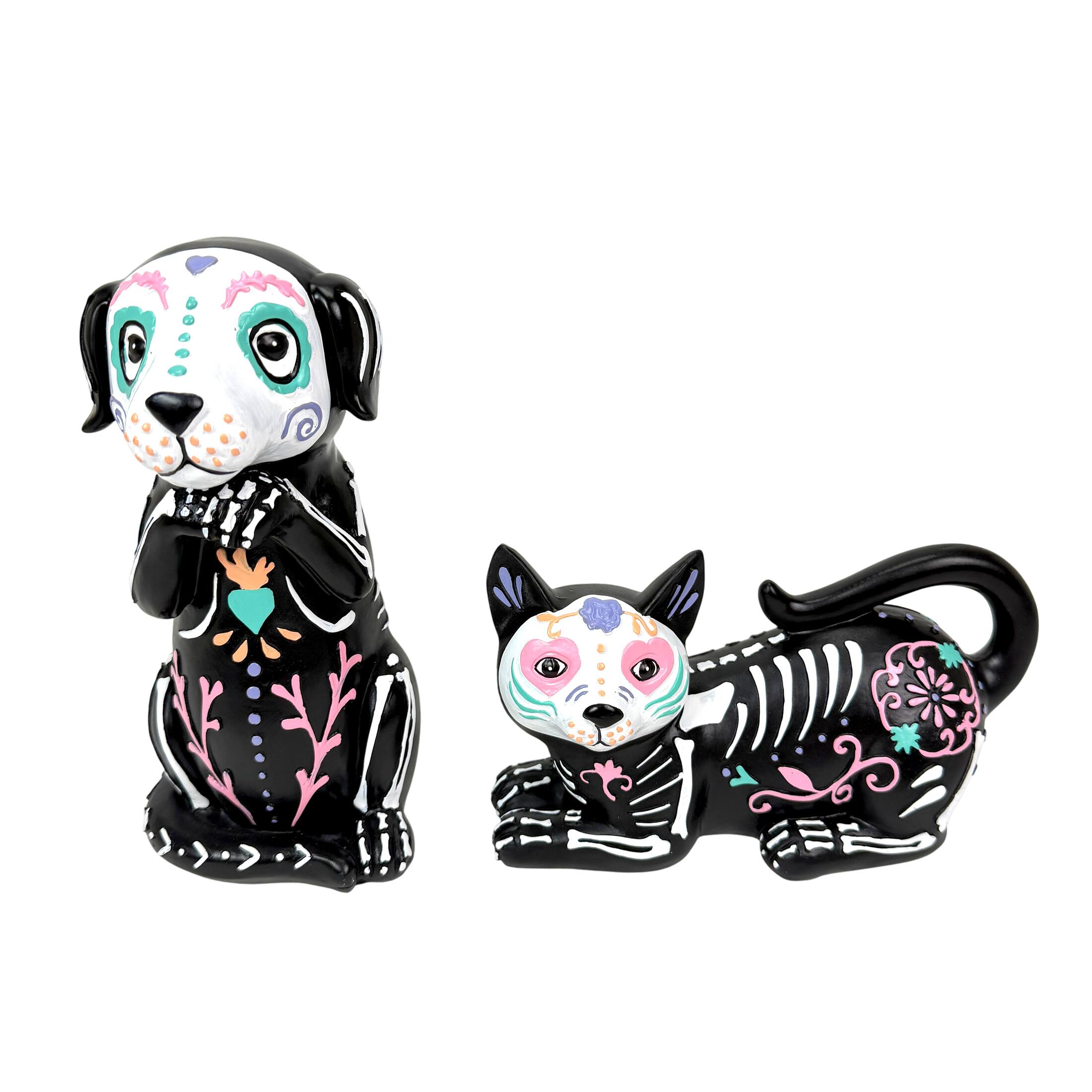 Front. Things2Die4 - Day of the Dead Cat and Dog Figurine Set 2 Glossy Resin Skeleton Statues - Multicolor.