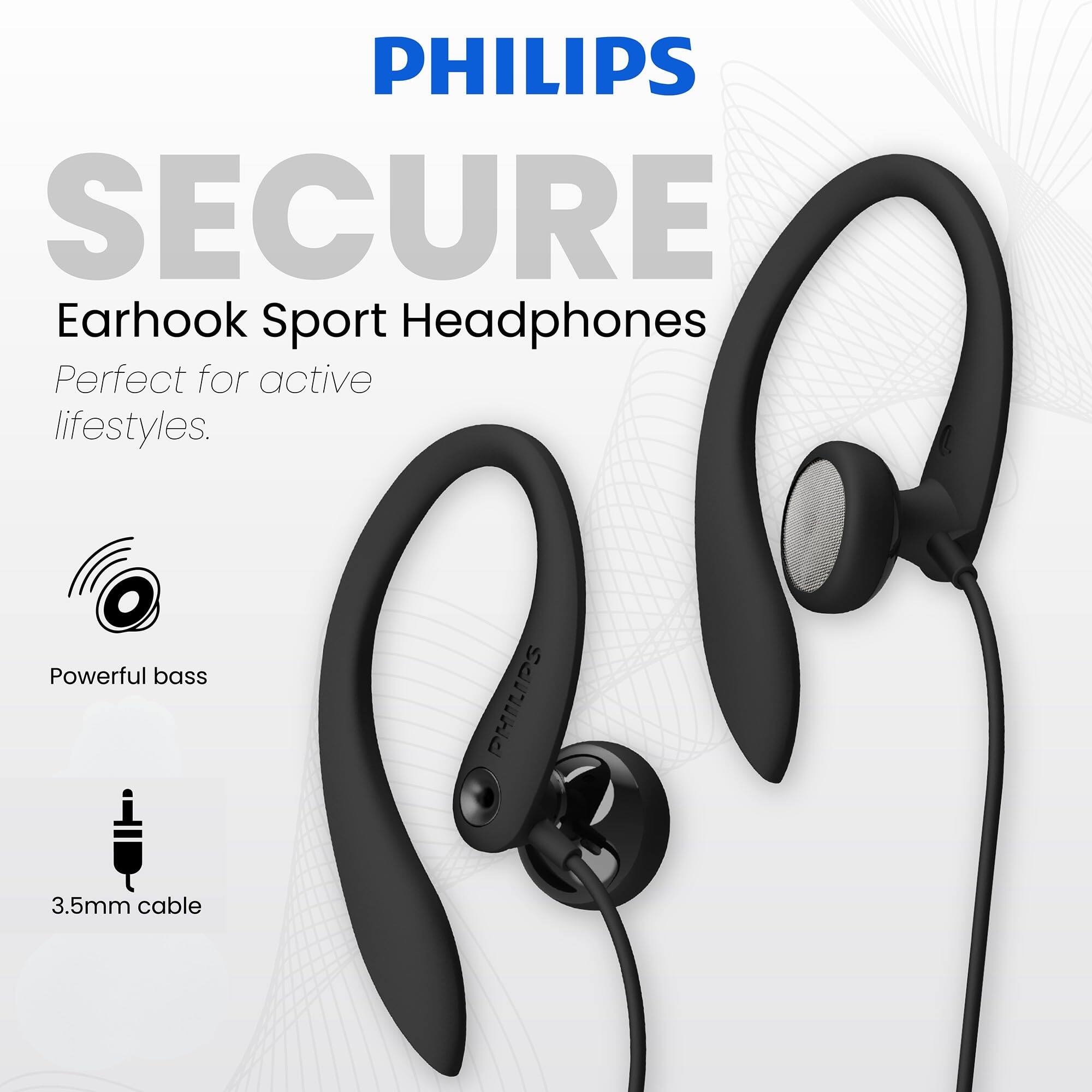 PHILIPS SECURE Earhook Sport Headphones Perfect for active lifestyles. Powerful bass 3.5mm cable