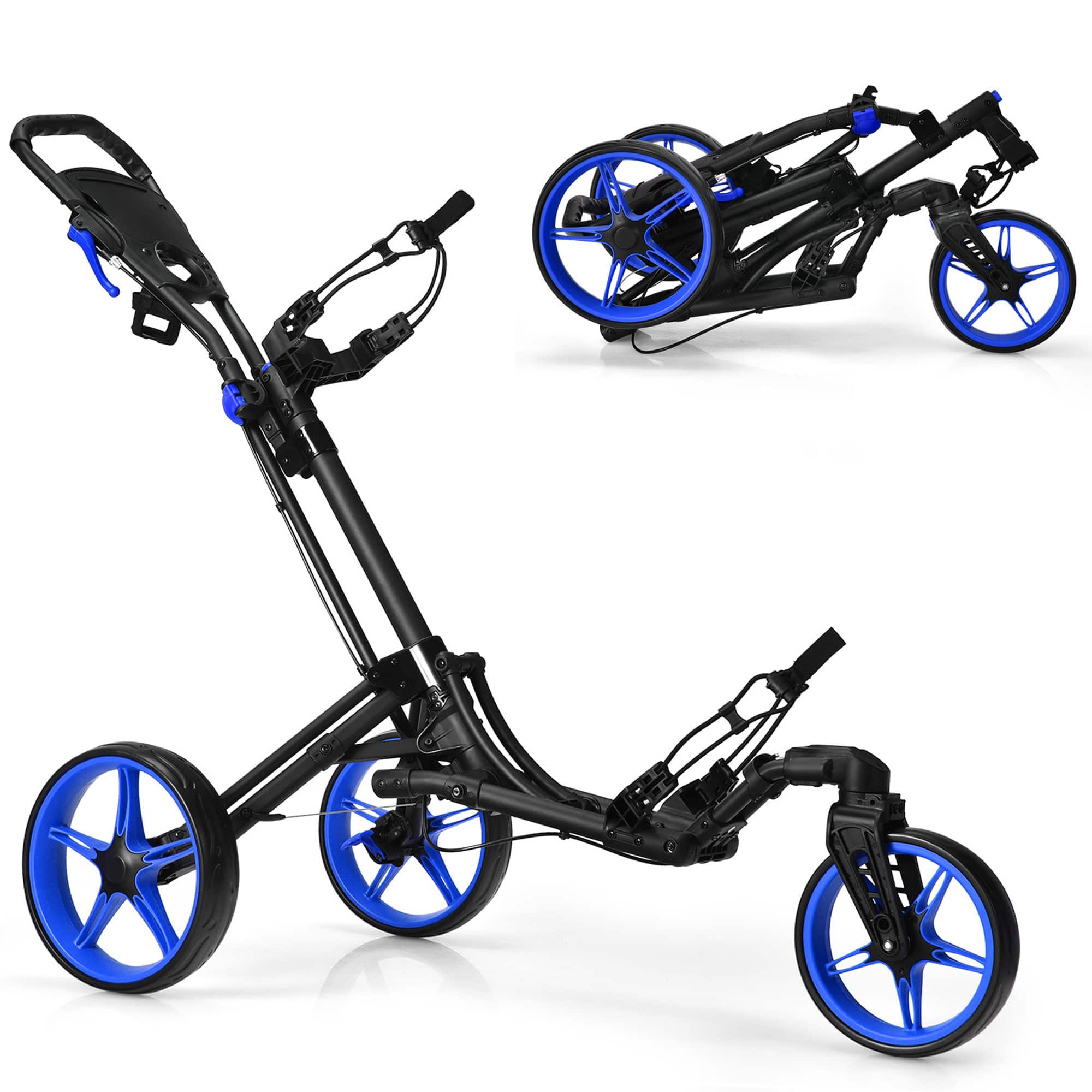 Gymax - 3 Wheels Foldable Golf Push Pull Cart Trolley w/ Adjustable Handle Brake - Blue