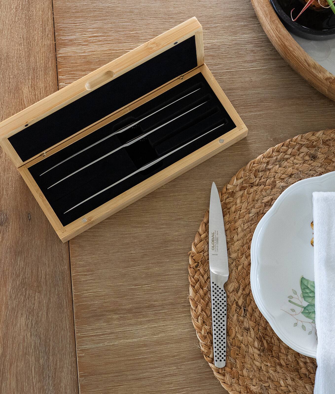 Alt View 4. Global - 4-Piece Steak Knife Set with Bamboo Box - Silver.