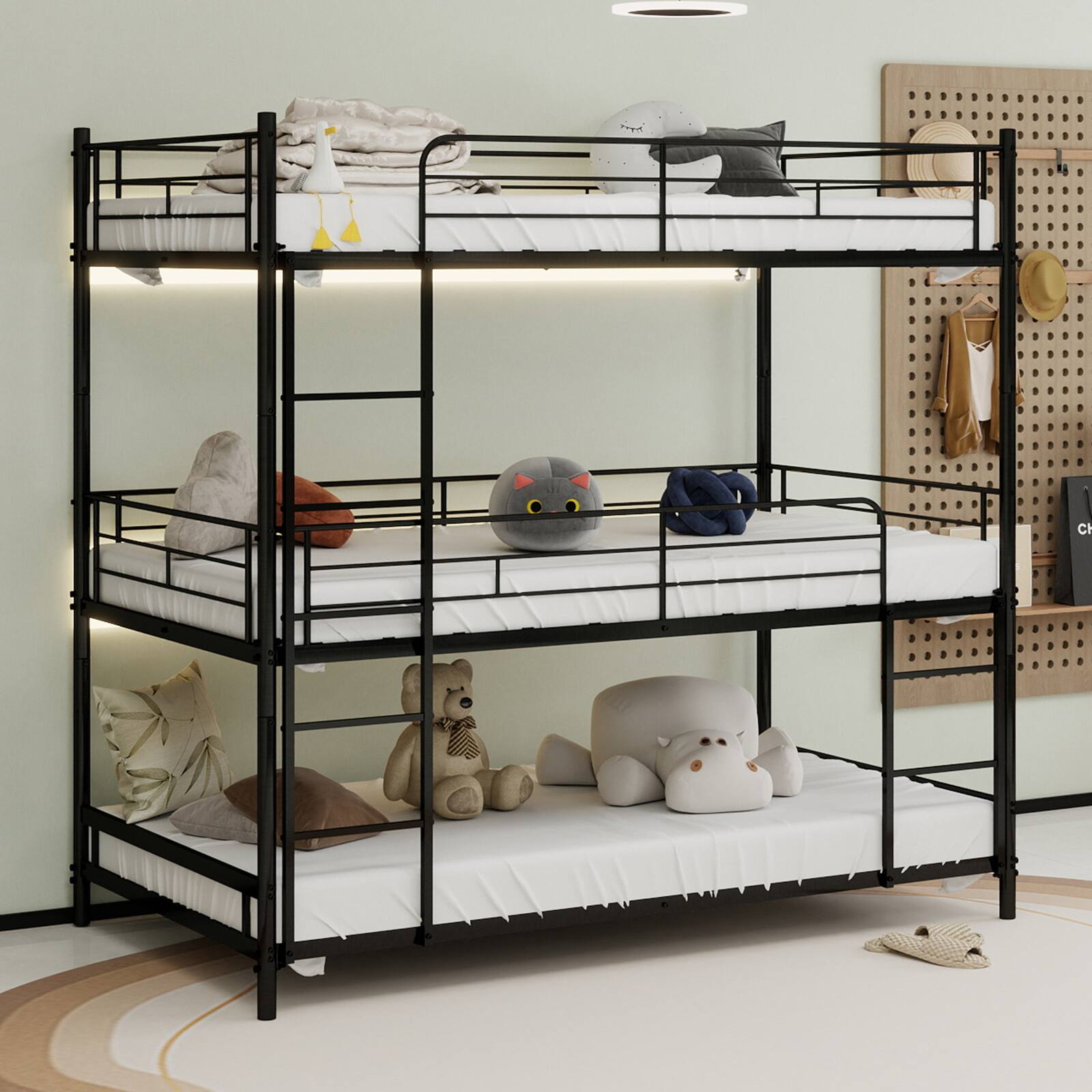Angle. Loheer - Loheer Heavy Duty Triple Bunk Bed Twin Over Twin Over Twin Black Metal Frame - Black.