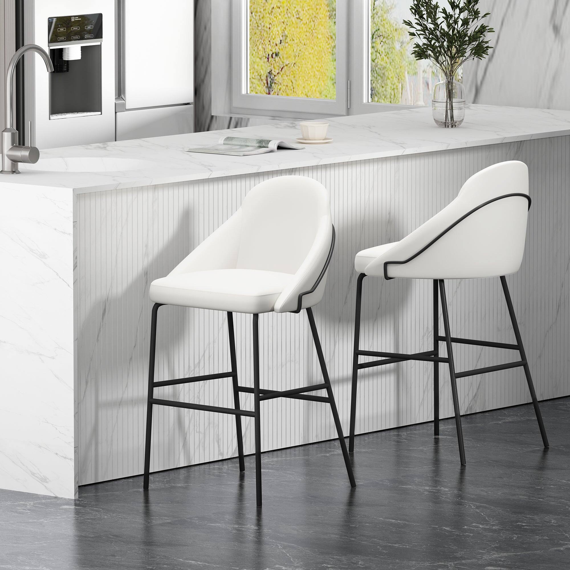 Angle. Manhattan Comfort - Gracie Modern Metal Upholstered Barstool - Set of 2 - White and Black.