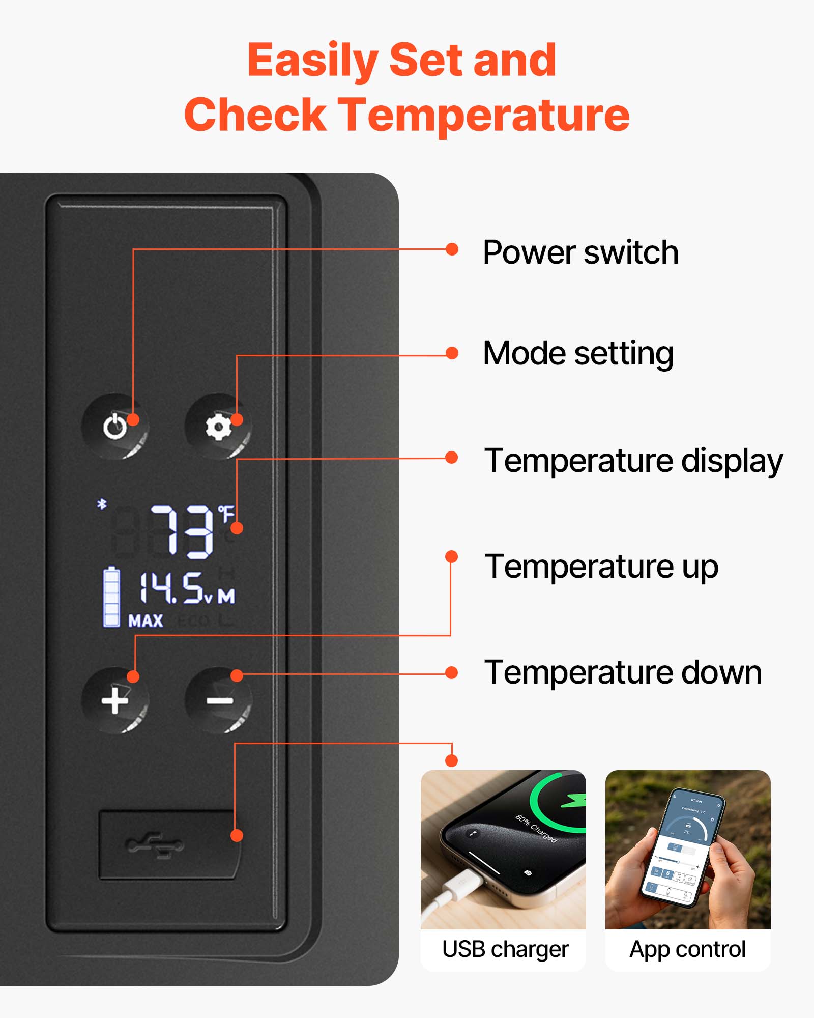 Easily Set and Check Temperature

Power switch
Mode setting
Temperature display
Temperature up
Temperature down
USB charger
App control