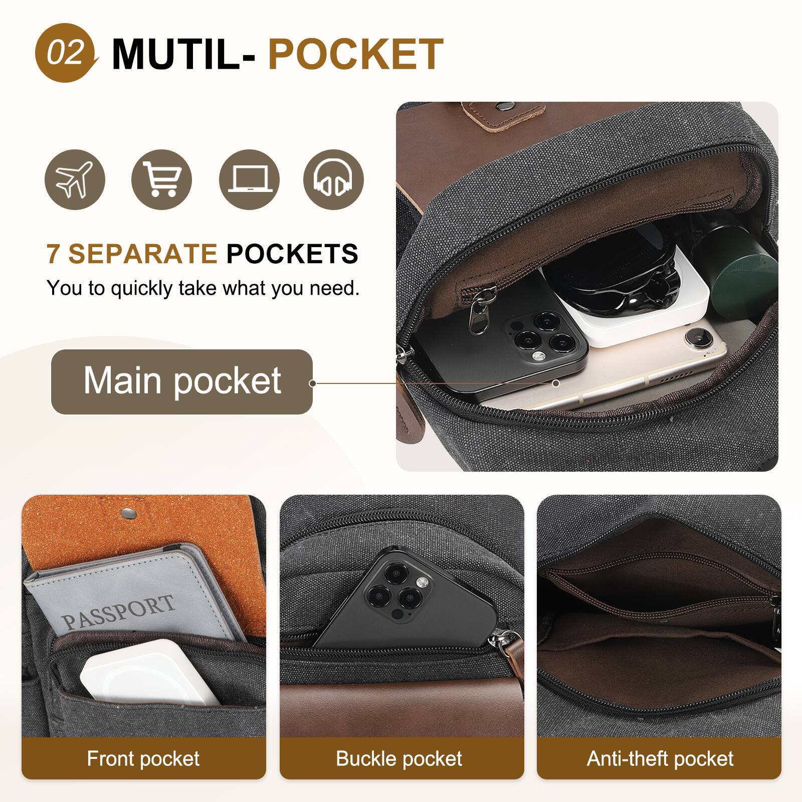 02 MUTIL-POCKET

7 SEPARATE POCKETS  
You can quickly take what you need.

- Main pocket
- Front pocket
- Buckle pocket
- Anti-theft pocket