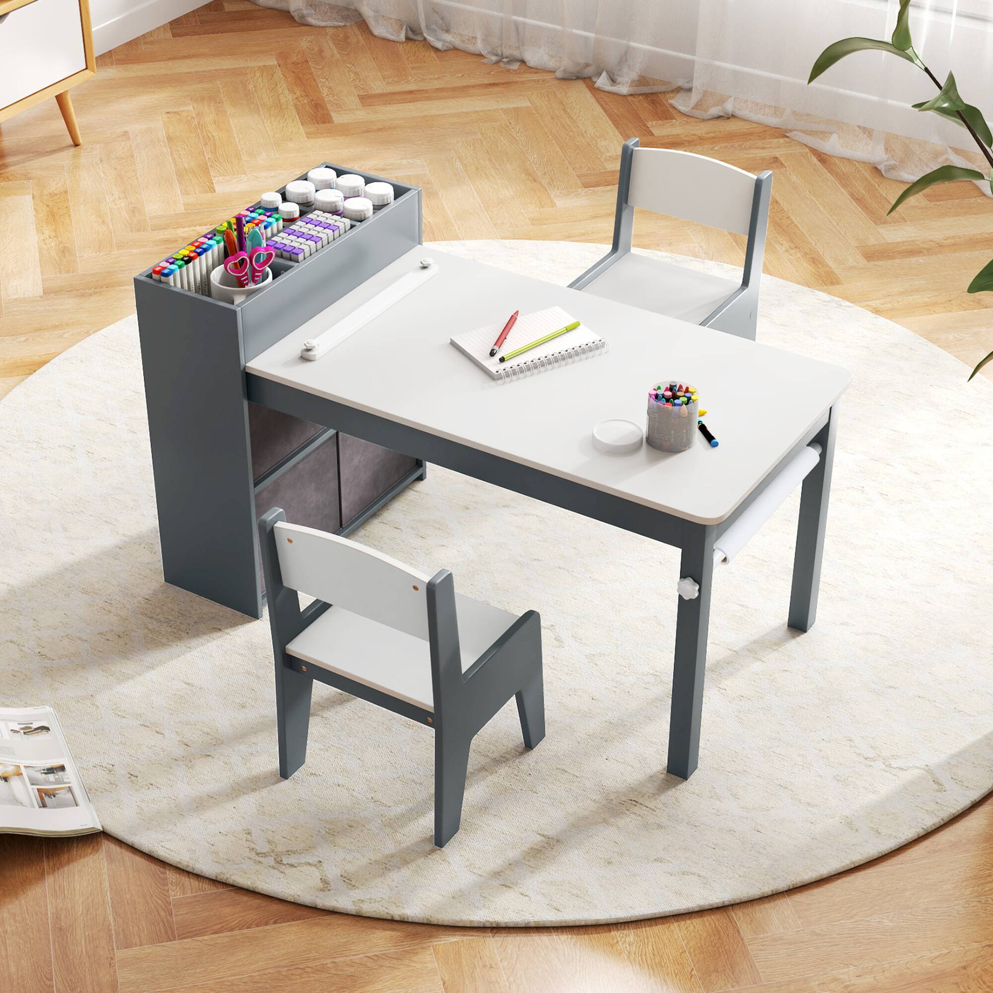 Alt View 4. Costway - Costway Kids Art Table & Chairs Set with Paper Roll Wooden Craft Study Desk Active Play Gray - Gray.