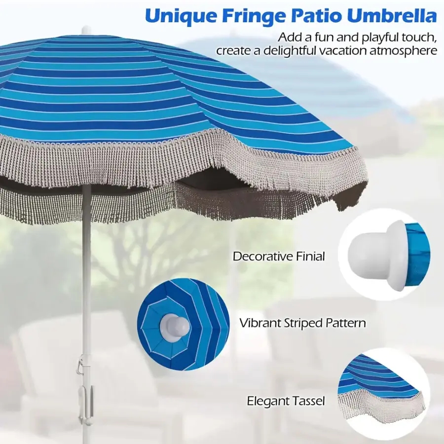 Unique Fringe Patio Umbrella: Add a fun and playful touch, create a delightful vacation atmosphere. Decorative Finial: Vibrant Striped Pattern. Elegant Tassel.