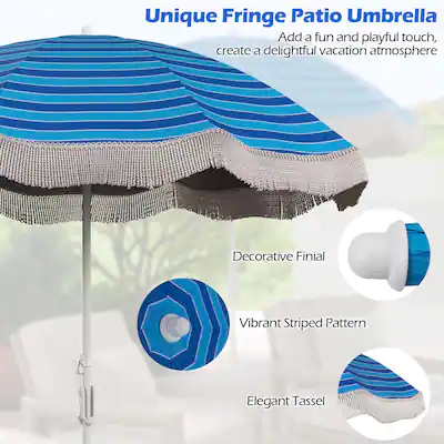 blue fringe patio umbrella Terrace Arc 9 ft Scalloped Market Half with Crank, Tilt Button and UV Protection Navy/White Pole This eye Safavieh Milan Fringe 9 ft